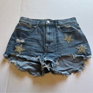 Express Women's Short Faded Blue Jean Shorts Extreme Hi Rise Size 4 Distressed